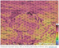 Očekávané maximální nárazy větru za čtvrtek